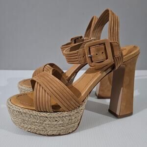Schutz Blisse Platform Sandal Womens 9 Caramel Brown Suede Chunky Block Heel NEW
